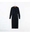 Pleated waist pleated V-neck shirt dress 