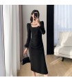 Long Sleeve Vintage Waist Square Neck Long Skirt